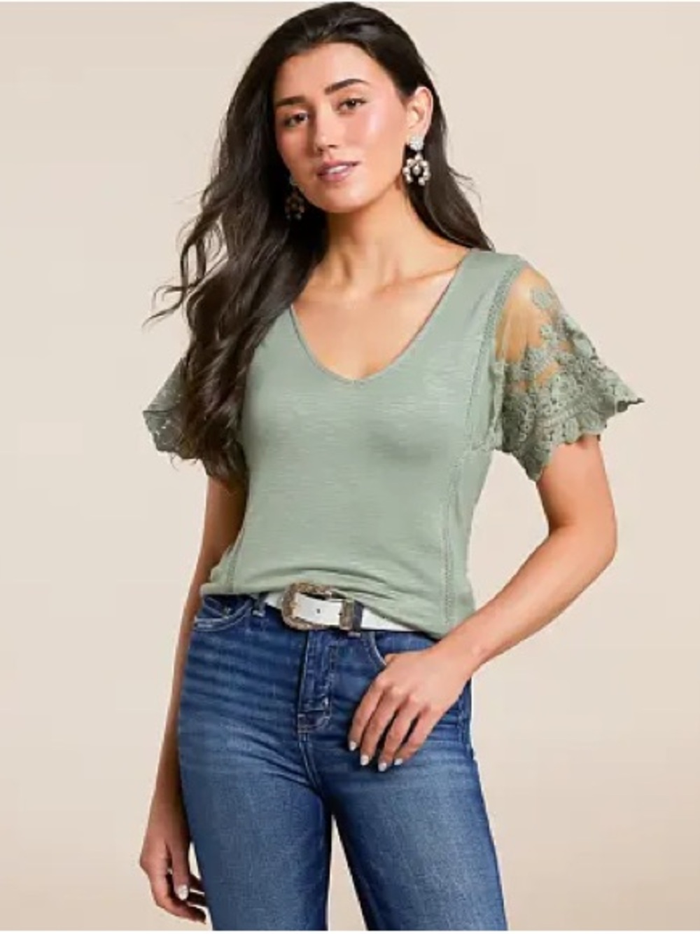 Daytrip Seagrass Lace Flutter Sleeve V-Neck Top